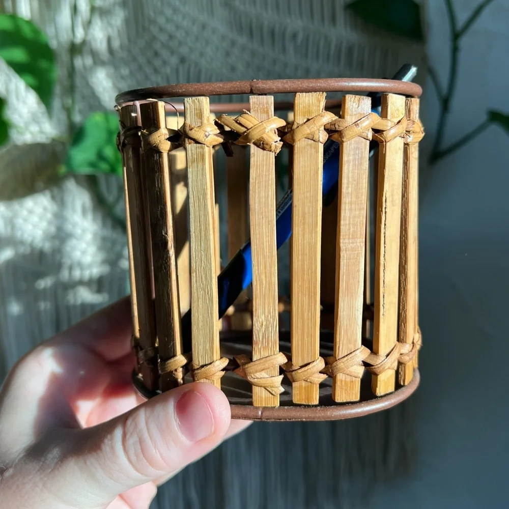 Vintage Bamboo & Rattan Pencil Holder Desk Organizer Wicker Rustic Office Decor